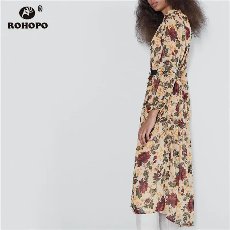 ROHOPO/красное платье миди в Вертикальную Полоску с цветочным принтом и длинным