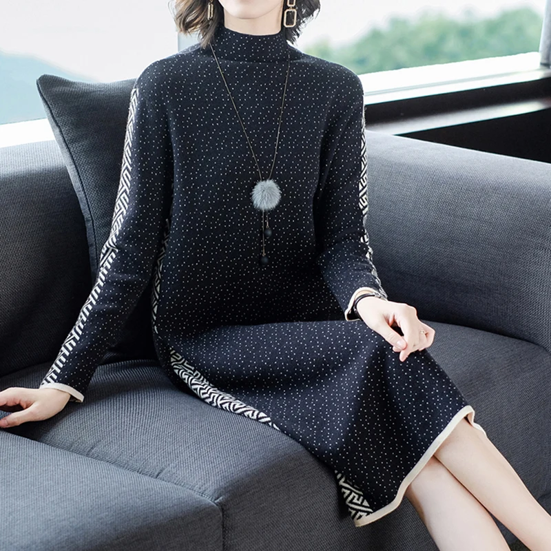 Women Black Dot Patchwork Midi Dress Autumn Winter Knitted Cotton Turtleneck Sweaters high quality Vintage Causual Coat Sweaters