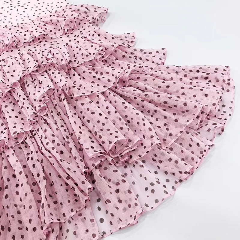 

GALCAUR Vintage Dress For Women V Neck Butterfly Short Sleeve Dot Print Hit Color Patchwork Ruffles Designer Dresses Female 2020