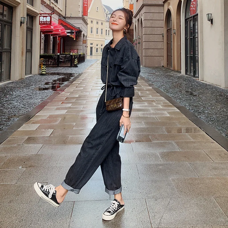 

2020 Fashion Autumn Cool Girl Loose Long Sleeve One Piece Jumpsuit High Waist Slim Pants Women Streetwear Denim Jumpsuit Women