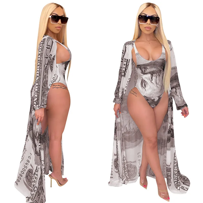 Zoctuo Summer Bikini Set Sexy Women Two Pieces Sets Beach Boho Dollar Print Long Sleeve Cloak +Swimsuit Bikini Set 2020