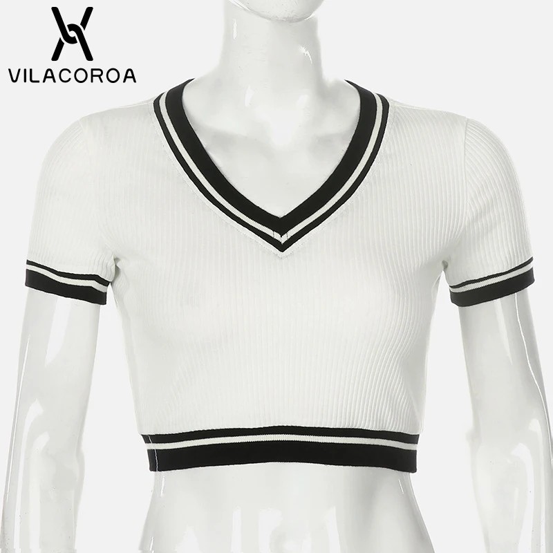 

Deep V Cotton Striped Stitching Student Short-Sleeve Women T-Shirt Korean Basic Cropped Tops Harajuku Casual Female Tee-Shirt