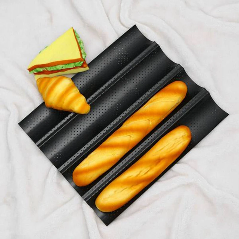 

2-Piece French Bread Baking Pan,Non-Stick Perforated Rectangular Pan, 4-Wave Bread Baking Mold,Toast Baking Mold, Black