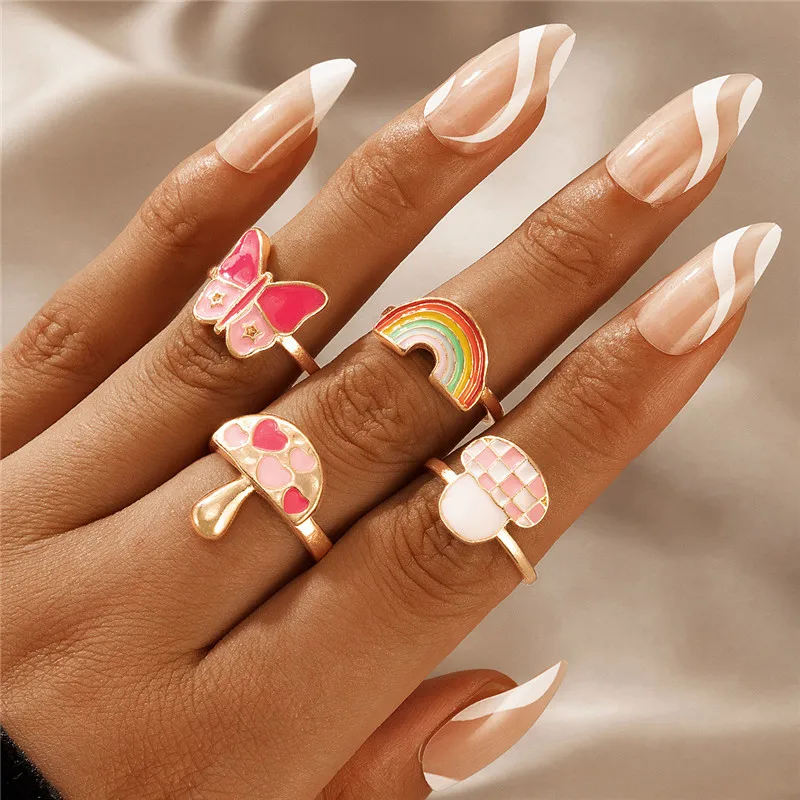 

Fashion Vintage Color Mushroom Rainbow Love Heart Pink Butterfly Rings Set For Women Girls Enamel Finger Ring Statement Jewelry