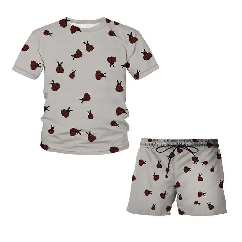 

Детская одежда, футболка с мультяшной божьей коровкой, дышащий костюм для мальчиков и девочек, детская одежда, крутые модные шорты с коротки...