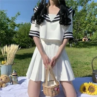 japanese style sweet jk uniform pleated skirt suit 2022 navy collar contrast color tops and mini skirts 2 piece sets women y121