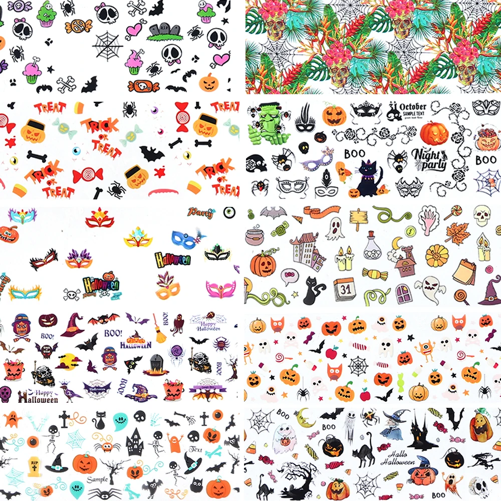 10 шт./компл. переводные наклейки для ногтей с дизайном Хэллоуина черепом тыквой