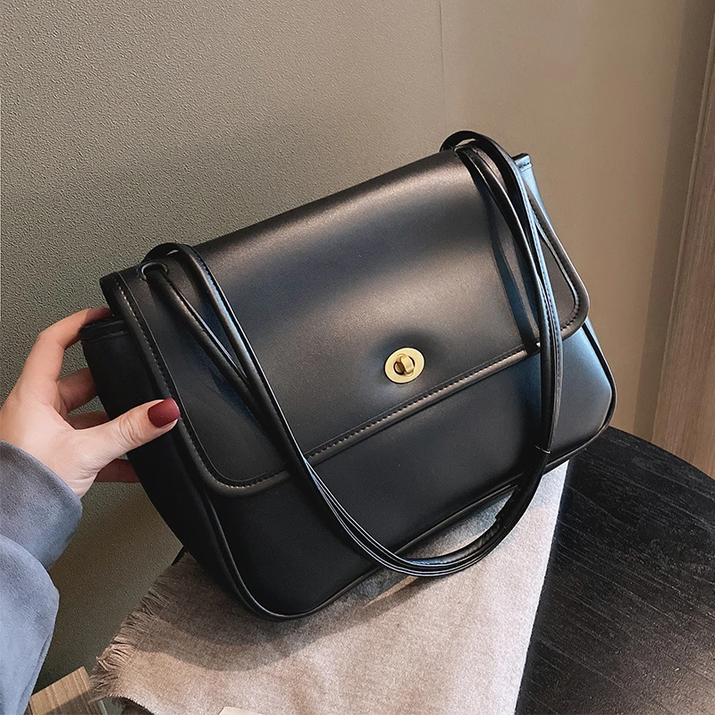 

Pure Color Design Messenger Bag For Women 2021 Fashion PU Leather Shoulder Bag Large Trend Brand Luxury Handbags Sac Black Tote