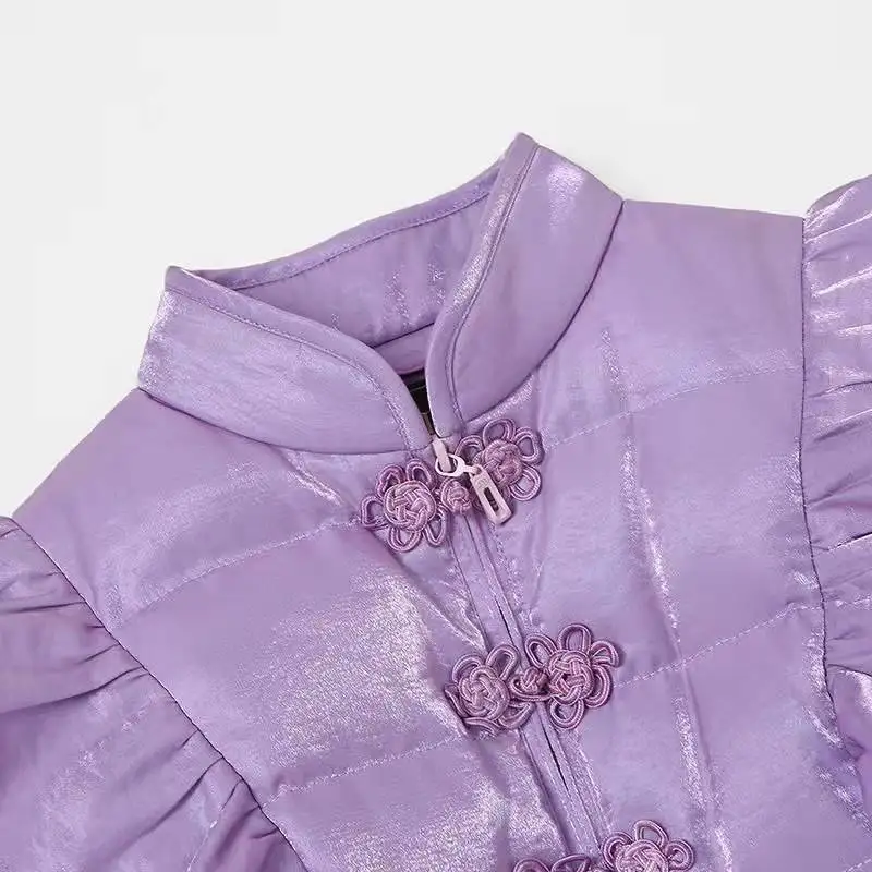 2021 Winter Mid-Length Cotton Coat Women Cheongsam Collar Elegant Vintage Disc Button Ruffle Lantern Sleeve Purple Cotton Jacket