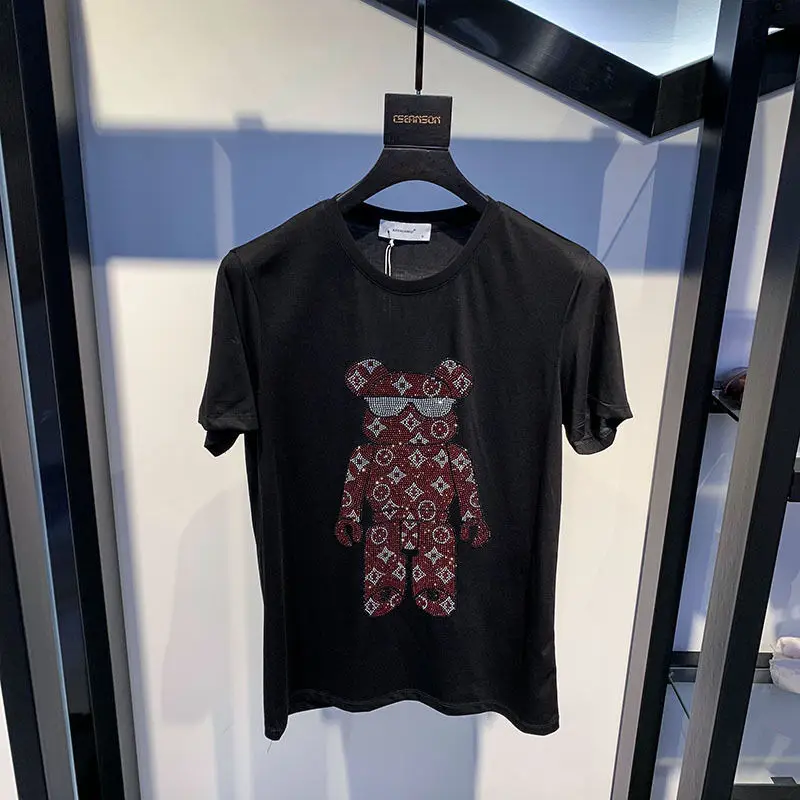 

European stations and 2021 summer cotton personality popular logo which bear hot drill round collar short sleeve T-shirt