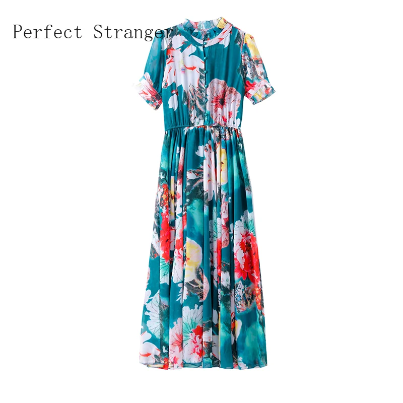 

2021 Spring Summer New Arrival Hot Sale Bohemian Style Stand Collar Flower Printed Short Sleeve Women Long Chiffon Dress