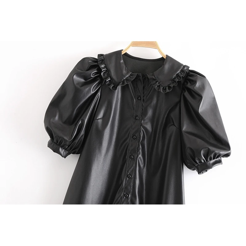 

YOSIBCD Women 2021 Chic Fashion With Ruffled Faux Leather Dress Vintage Puff Sleeve Button-up Female Dresses Vestidos