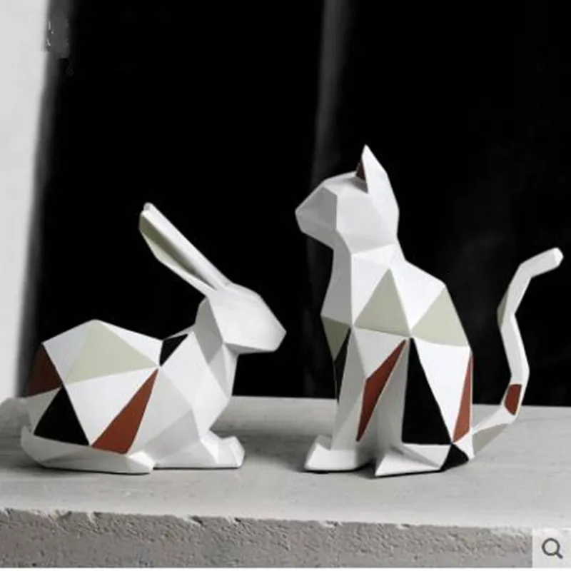 

Modern geometric cat and rabbit ornaments, creative Nordic animals, living room wine cabinet TV cabinet home decorations