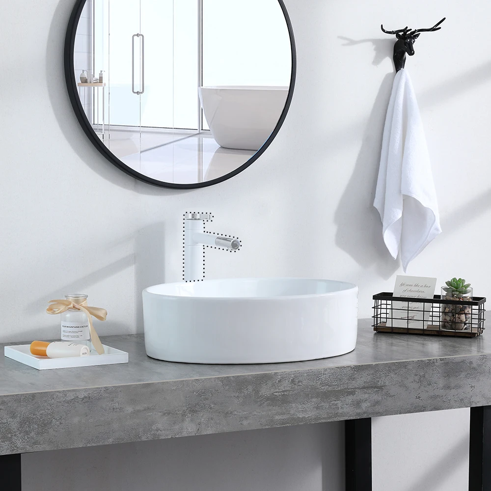 

Bathroom Above Counter Oval Porcelain Ceramic Vessel Vanity Sink Art Basin - White Porcelain - with Pop Up Drain Stopper