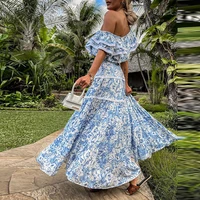 spring floral printed chic button long dresses office lady elegant ruffle neck party dress summer women two piece deisgn dress