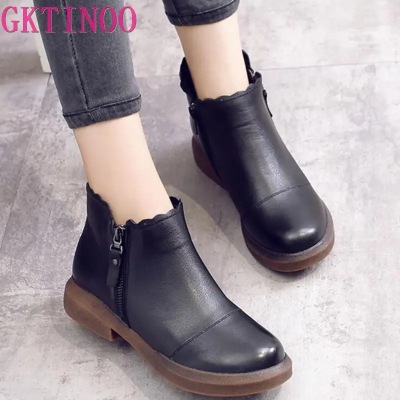 

2019 women Genuine Leather Winter Boots Vintage Style Flat Booties Soft Cowhide Women's Shoes side Zip Ankle Boots zapatos mujer