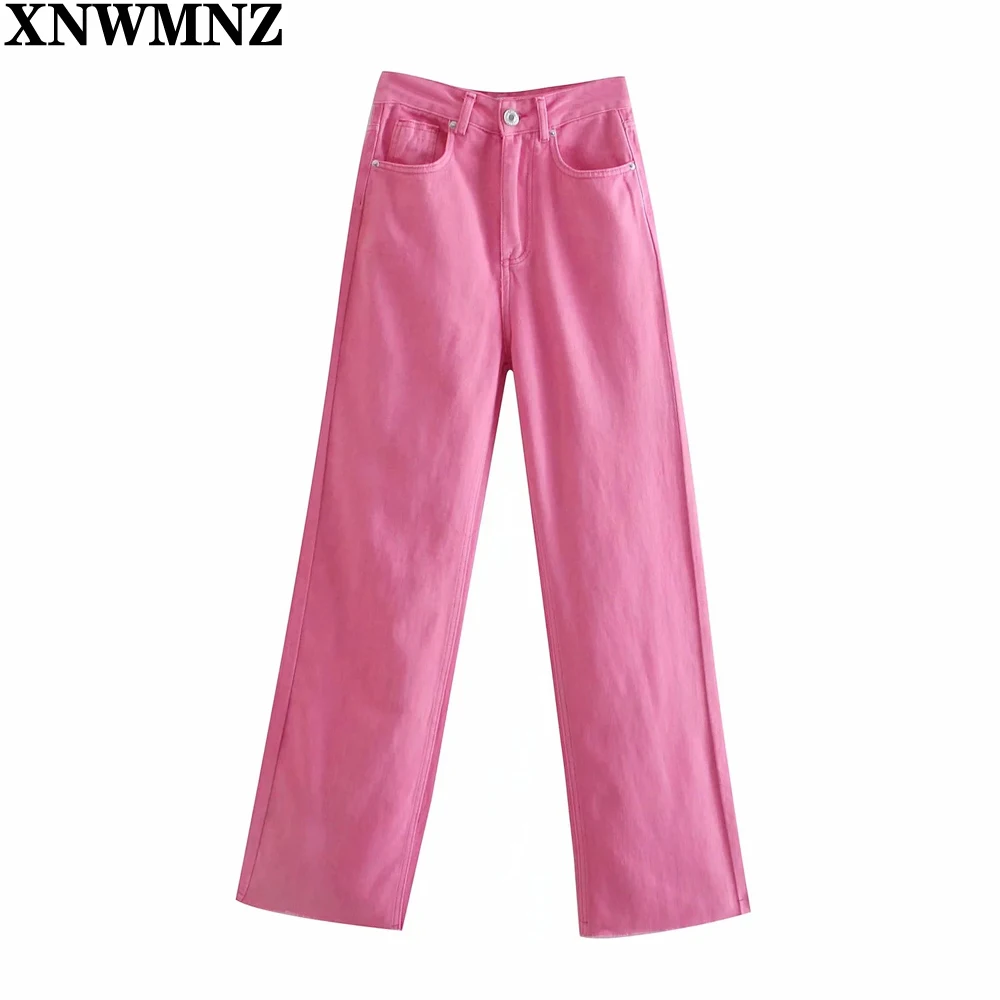 

XNWMNZ NEW Wome Fashion wide-leg pink red Jeans Female Chic high-waisted pockts button zip fly full-length trousers Lady pants