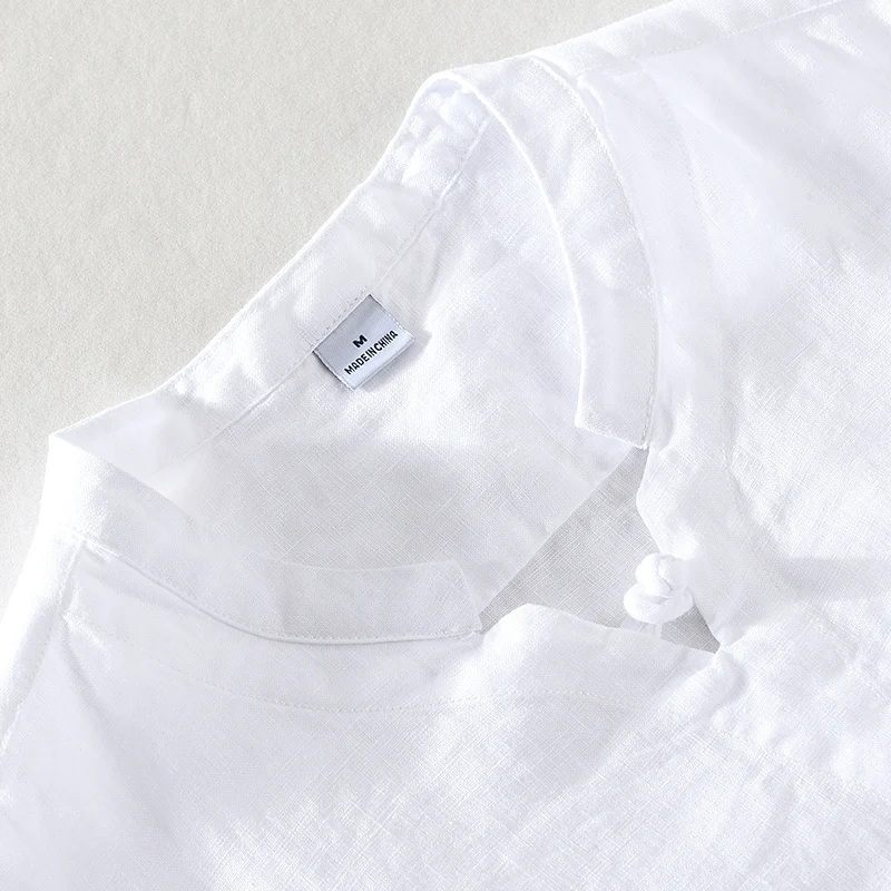 

9013 Chinese Style Disc Button Loose Short Sleeve 100% Linen Shirt Men's Casual Stand-Up Collar Half-Sleeved Pure Linen Pullover