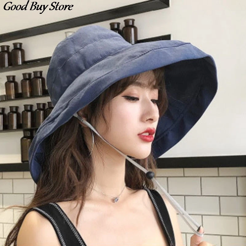 

Oversized Bucket Hats Women Canvas Sun Hat Korean Wide Brim Panama Outdoor Beach Cap Girls UV Protect Foldable Floppy Chapeau