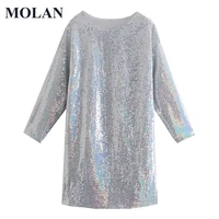 molan fashion woman dress with lining sequin new o neck long sleeve vintage casual long dress loose female stylish vestido
