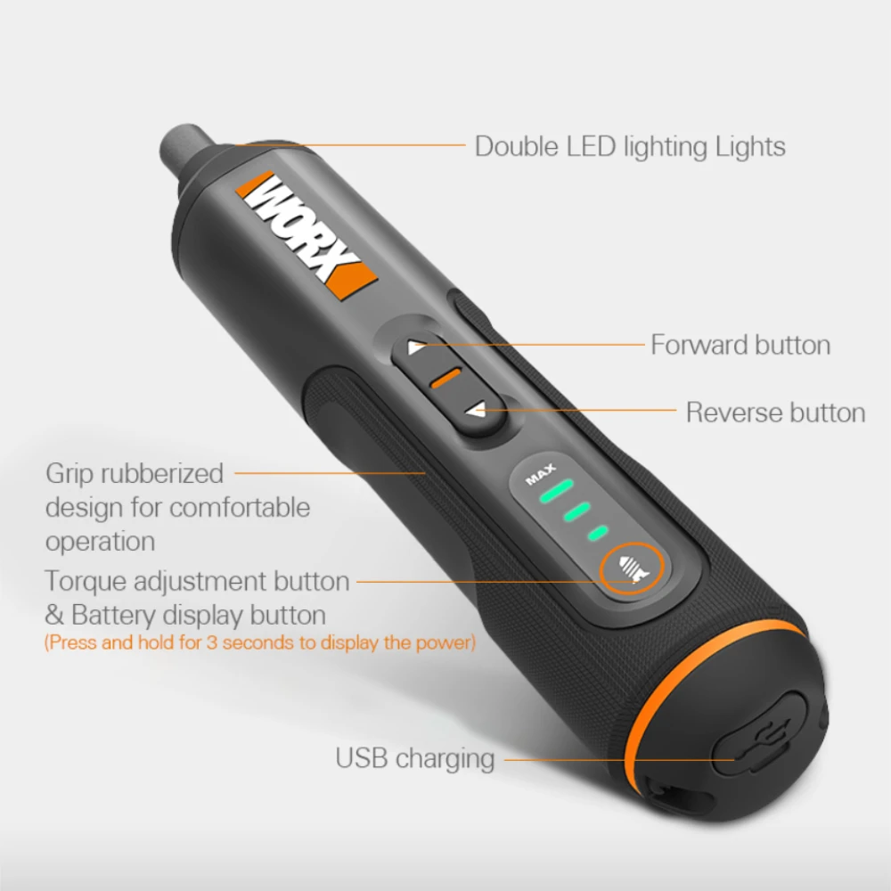 Worx 4V Mini Set de destornillador eléctrico WX240 inteligente inalámbrico destornilladores eléctricos USB recargable manejar con 26 poco conjunto Taladro