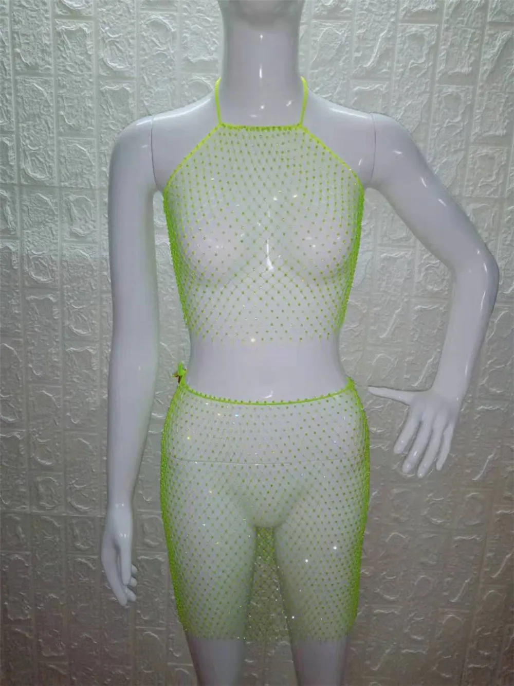PARAKINI Sparkly Crystal Diamonds Bikini Beach Women Dress Beach Cover Up Dresses Fishnet Cropped Top Two Pieces Set Beach Dress