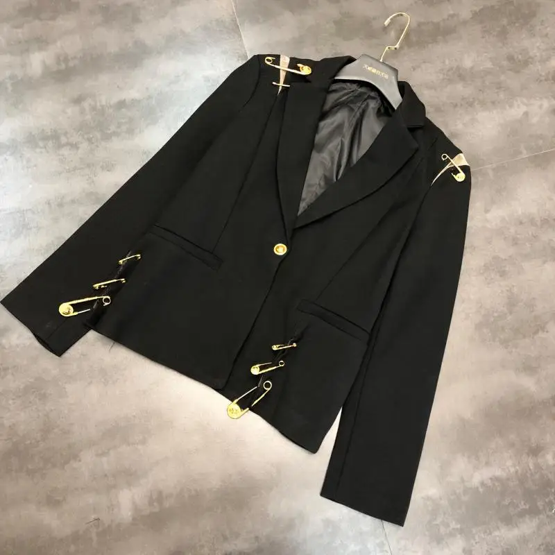 Осень уличный стиль Золотой Большой штырь украшения красивый Blazker куртка женская
