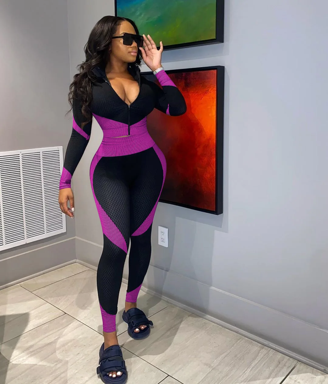 

F.O Color Patchwork Women Tracksuit Two Piece Set Long Sleeve Zipper Crop Top Pencil Pants Workout Fitness Suit