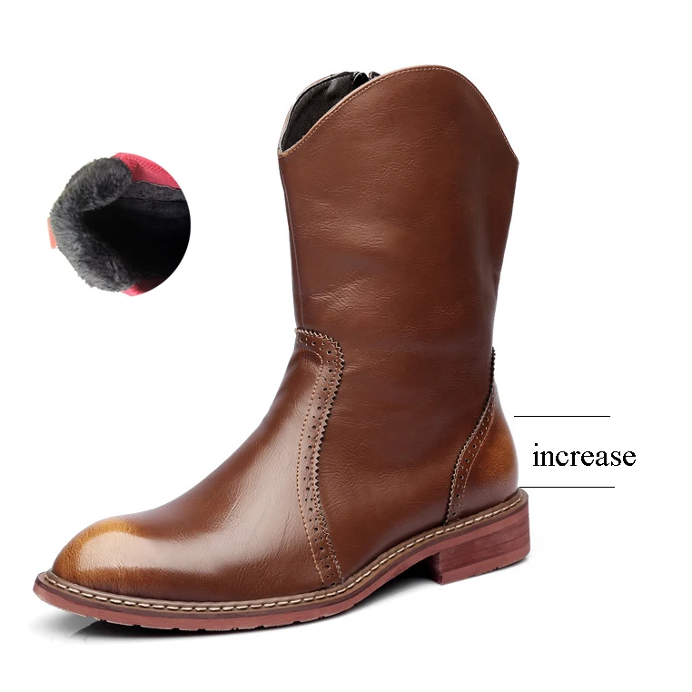 Men Motorcycle Boots Vintage Combat Boot Winter Fur Genuine Cow Leather Waterproof Buckle Military Boots Men Increase Shoes - Цвет: Brown Increase Fleec