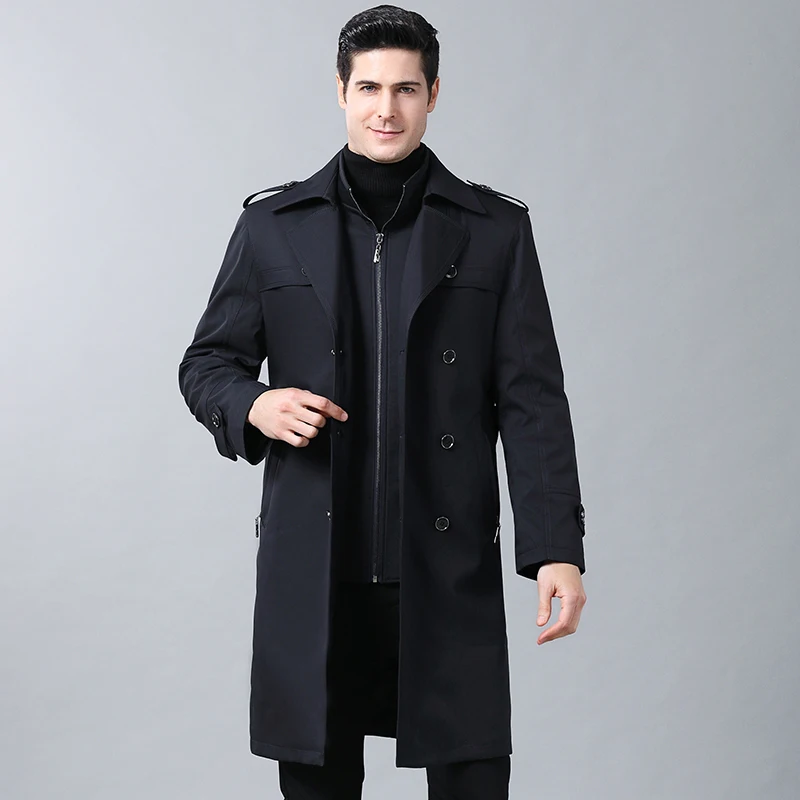 Осенний мужской Тренч ветровка длинная однотонная куртка с двубортным