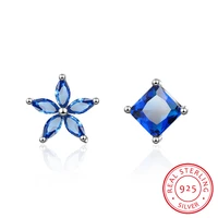 asymmetrical simple blue flower earrings 925 sterling silver zircon earrings for women girl boucle doreille s e648