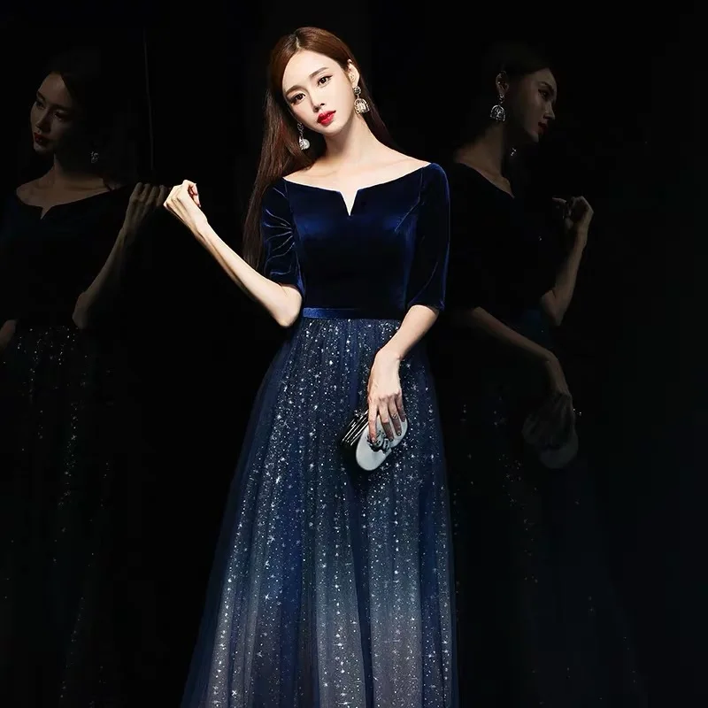 

Female Exquisite Sequins Trim Mesh Pleated Dresses Navy Blue Elegant Half Sleeve Banquet Gown Spring O-Neck Formal Party Dress