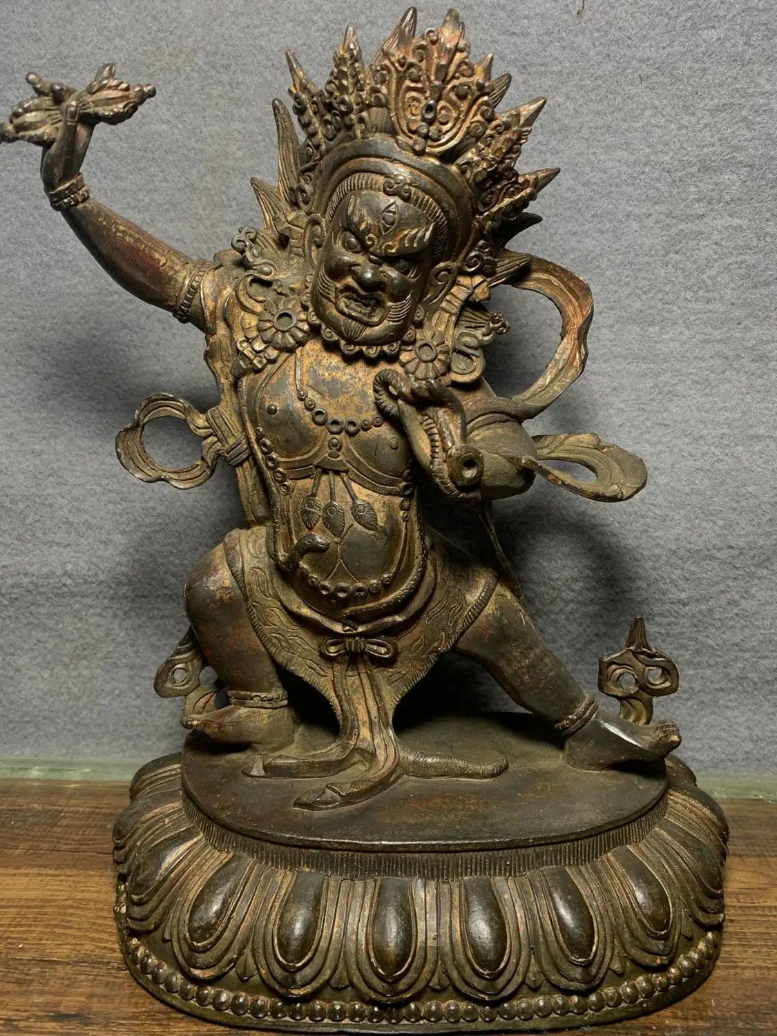 

Home Decor 11" Tibet Buddhism Temple Old Bronze Cinnabars Mahakala Buddha Statue Big Black King Kong Statue Amitabha
