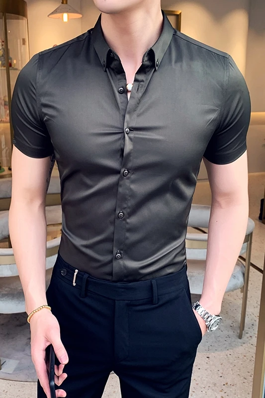 Высококачественная Мужская рубашка с коротким рукавом однотонная повседневная