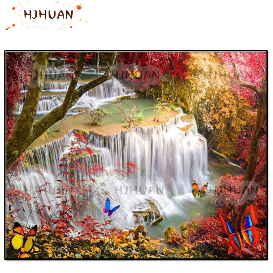 

Natural scenery, waterfall, red maple leaves diamond painting full drill cross stitch DIY diamond embroidery mosaic home decor