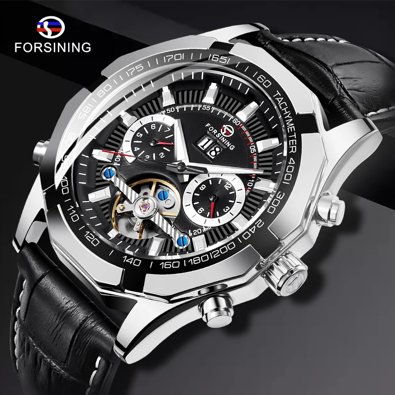 Часы наручные FORSINING Мужские механические брендовые автоматические с кожаным