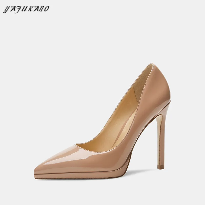 

12 Cm Nude Platform Thin High Heels Sheepskin Patent Leather Ladies Pumps Pointed Toe Women Shoes Sexy Wedding Party Shoes 34-41