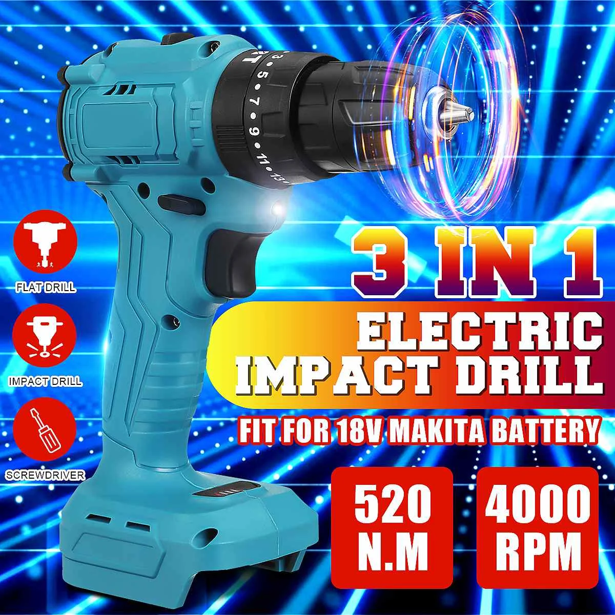 

Electric Cordless Brushless Impact Drill Hammer Drill 520Nm Screwdriver DIY Power Tool Rechargable For 18V Makita Battery
