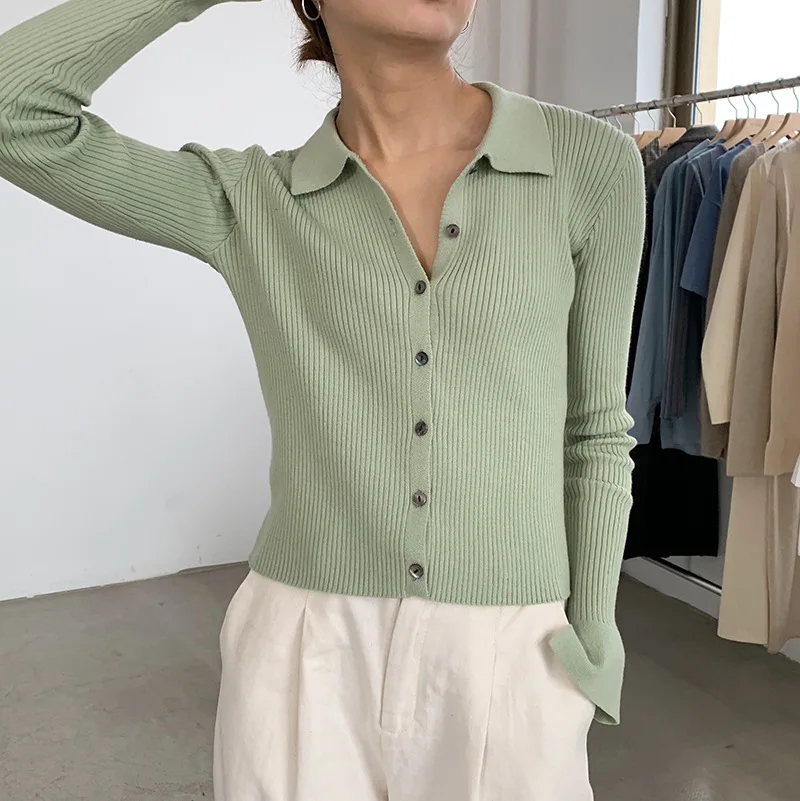 Ребристый вязаный короткий кардиган с воротником женские винтажные короткие