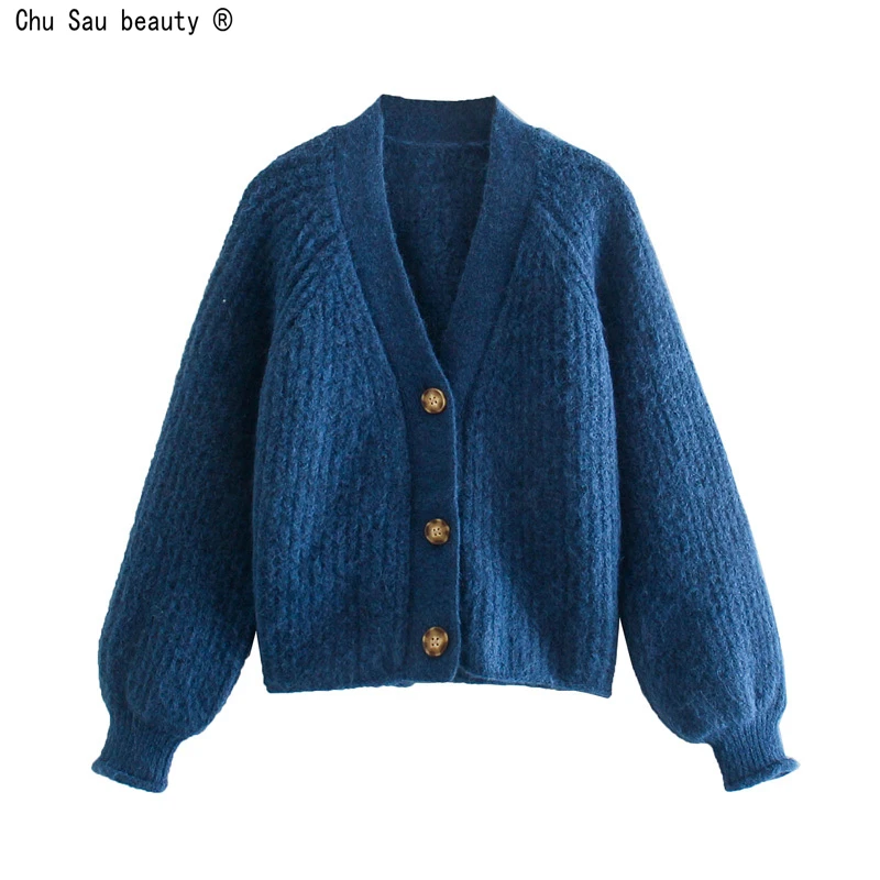

Solid Color Long-Sleeve Single Breasted Knitted Short Sweater Women 2021 Autumn New Fashion Vintage V-Neck Loose Cardigan
