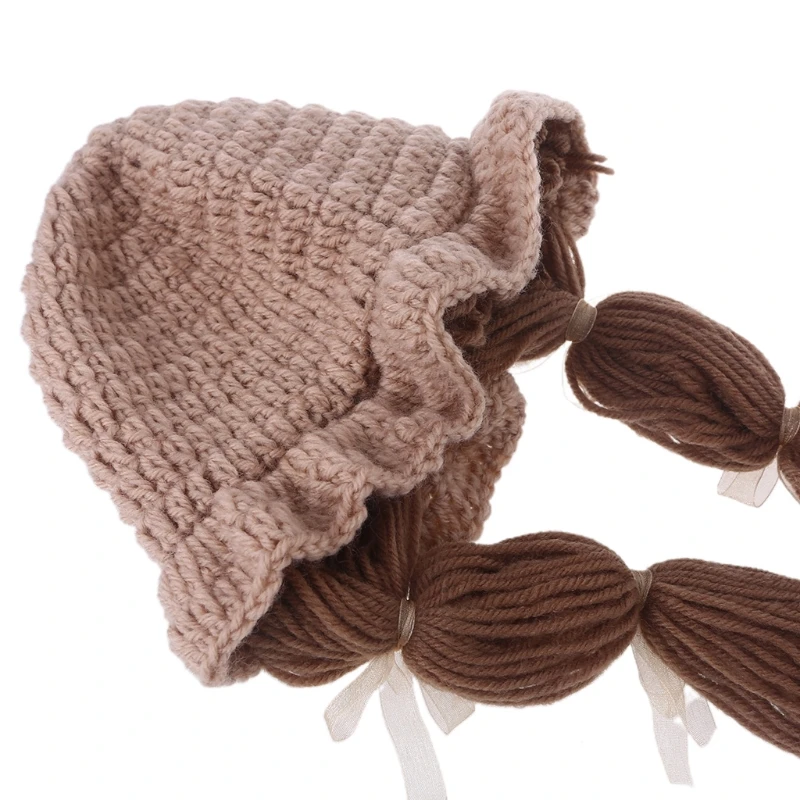 

23GD Autumn Winter Handmade Knit Baby Wig Bowknot Hat Newborn Wigs Brades Crochet