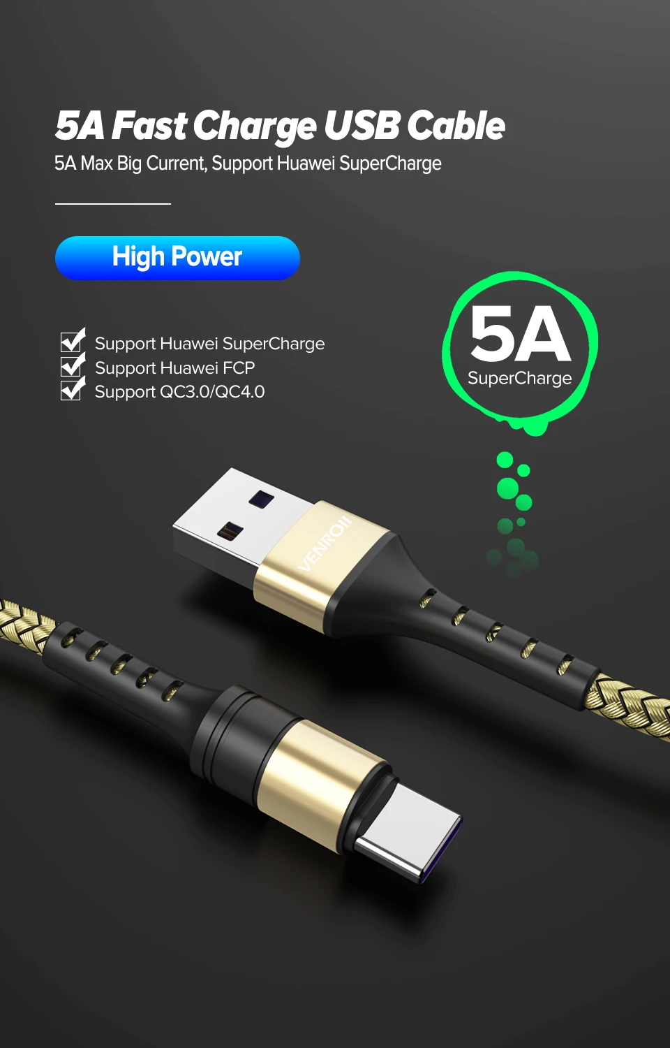 Venroii кабель usb type C 5A Supercharge для huawei mate 20 P30 P20 Pro шнур для быстрой зарядки телефона для Honor 20 10 8 V10 USBC Кабо