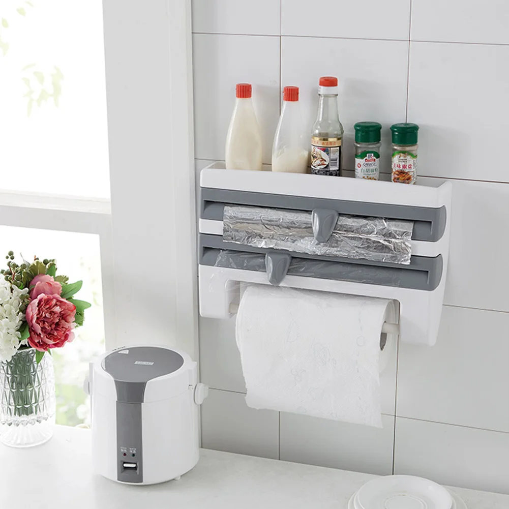 

Kitchen Organizer Plastic Wall-Mount 4 In 1 Storage Rack Shelf Cutter Holder Wrap Film Sauce Bottle Tin Foil Roll Paper Spice
