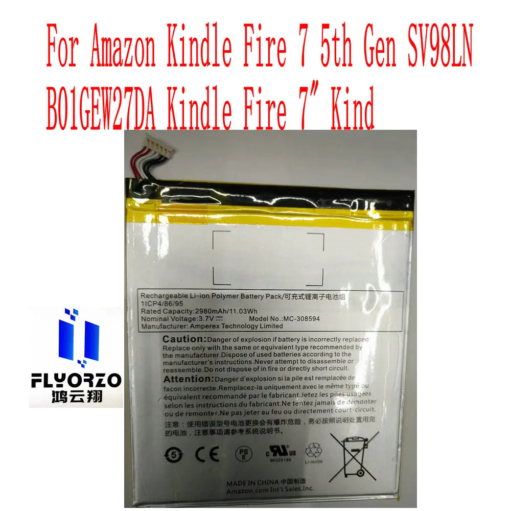 

Абсолютно новый аккумулятор емкостью 2980 мАч для Kindle Fire 7 5-го поколения SV98LN b01предупреждающий огонь Kindle Fire 7 "Kindle Fire 7-го поколения 2017