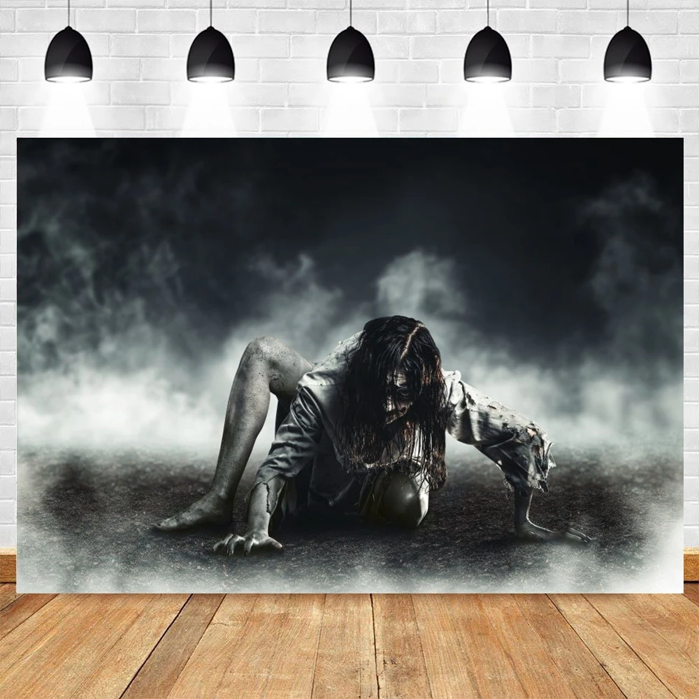 

Yeele Hallowee Background Photocall Night Scary Long-Haired Girl White Smoke Black Backdrop Photography Photo Studio Photophone