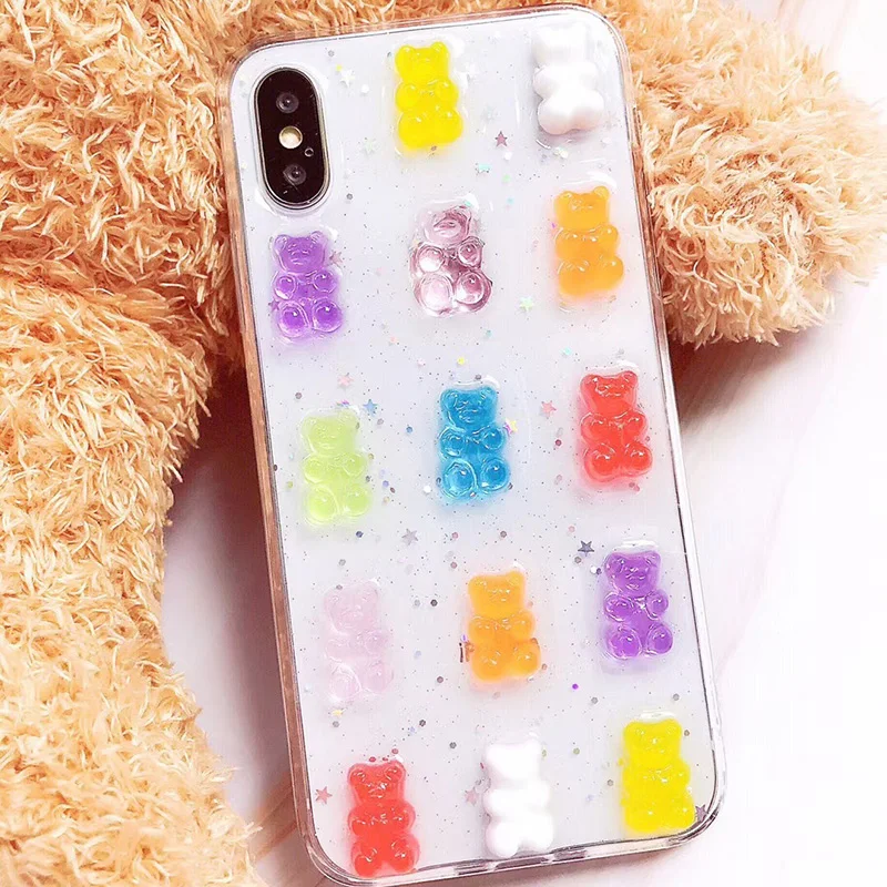 Cute 3D Stereo Candy Color Gummy Bear Glitter Phone Case For iPhone 13 12 11Pro Max X 6 6S 7 8 Plus XS Max XR 11 13 Promax Cover