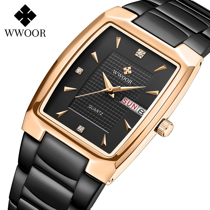

Часы WWOOR мужские с квадратным циферблатом, брендовые Роскошные деловые Кварцевые водонепроницаемые из нержавеющей стали, черные, 2022