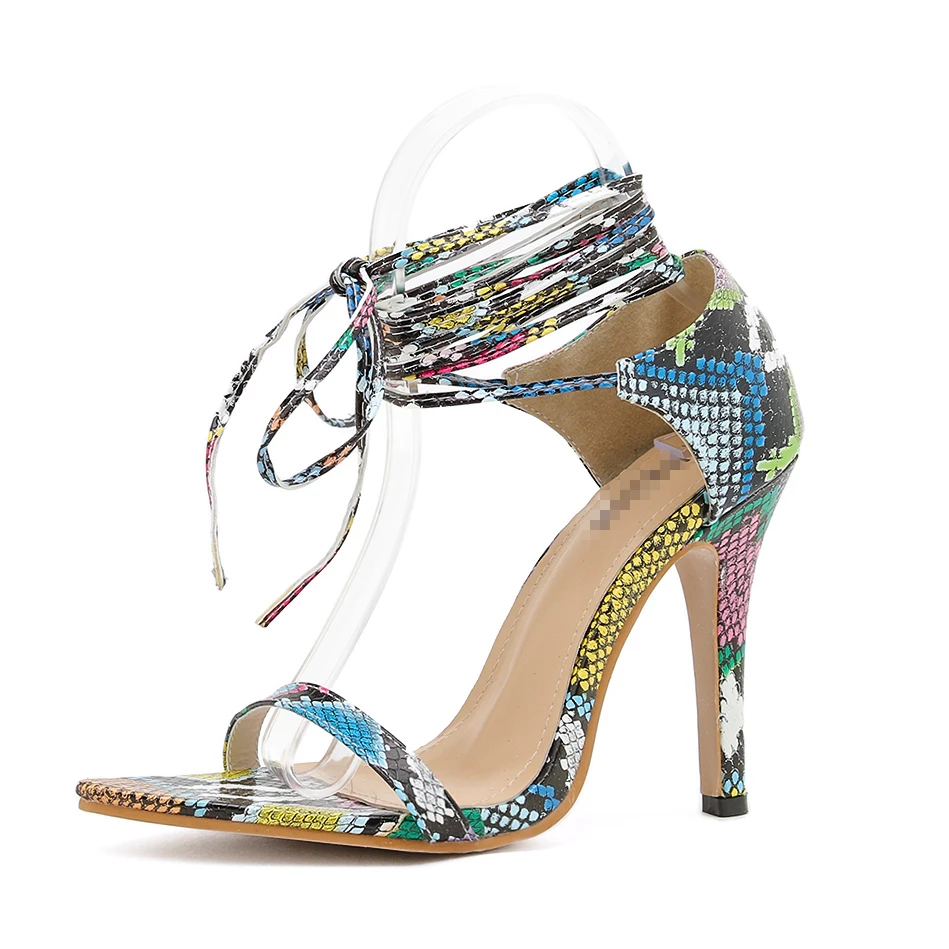 

NIUFUNI 2020 Sexy Pointed Toe Snake Print Women Sandals Plus Size 35-41 Ankle Strap High Heels Casual Lace Up Shoes For Women