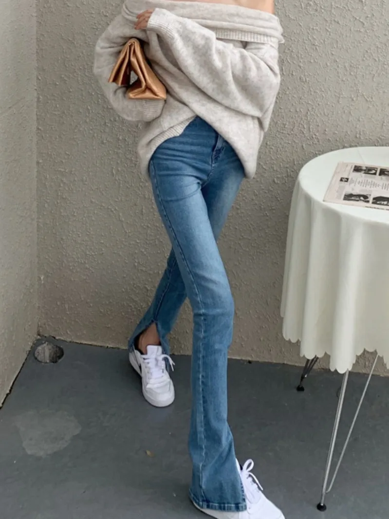 

Spring And Autumn High Waist Straight Leg Skinny Jeans Woman Fashion All-match Ladies Flared Pants Street Blue Mom Jeans