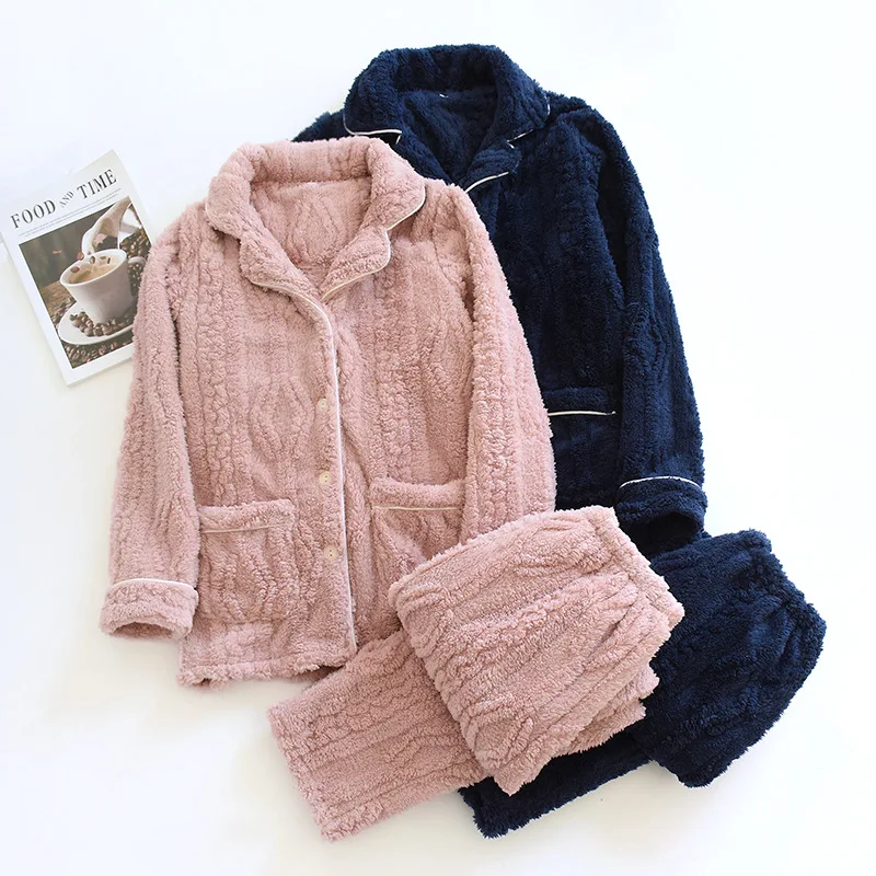 New autumn and winter couple pajamas two-piece flannel thickened large size long-sleeved trousers men and women home service set